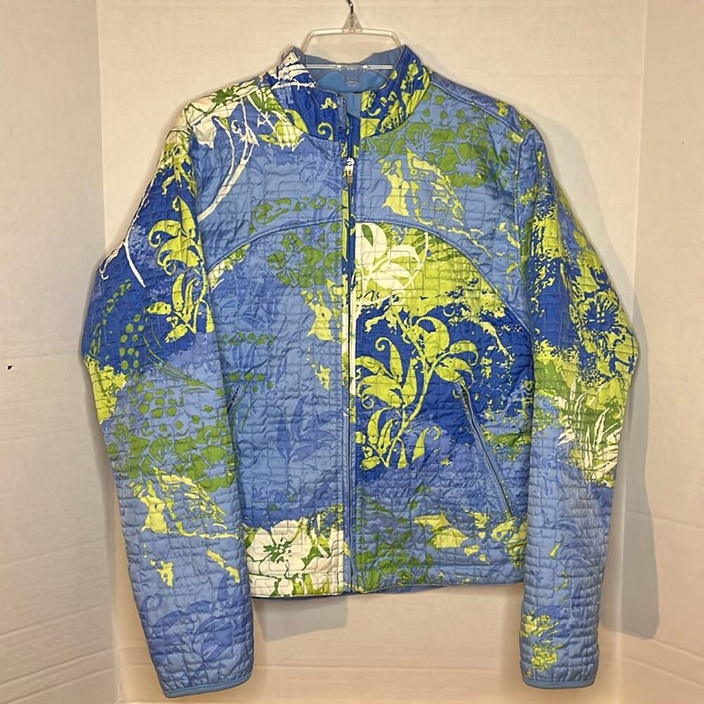 Obermeyer Women's Ski Jacket Size 8 Light Blue Print Quilted Zip Front Pockets